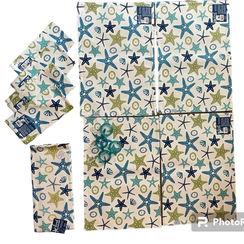 Beach House Set Placemats Fabric Napkins Towel, Sea glass Napkin holders